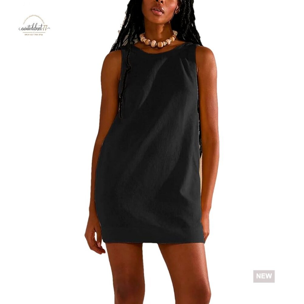 Summer Sleeveless Open Back Mini Dress Cotton Linen Casual Beach